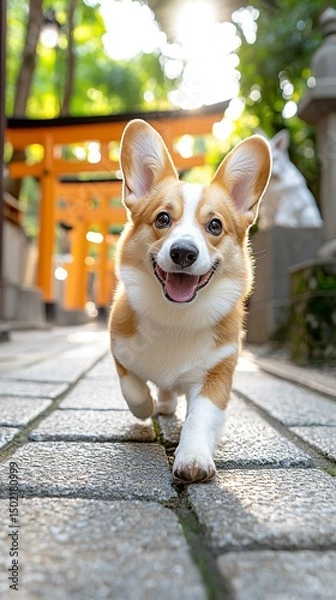 Fototapeta Smiling dog walking through torii gate path at Japanese shrine  
