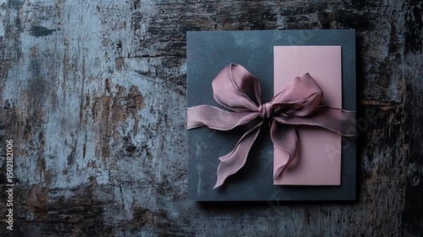 Fototapeta Elegant gift with mauve ribbon on rustic wooden surface for special events