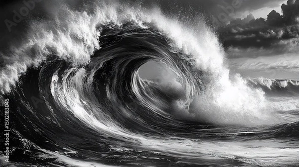 Fototapeta Monochromatic marvel, A mesmerizing close-up of a powerful ocean wave