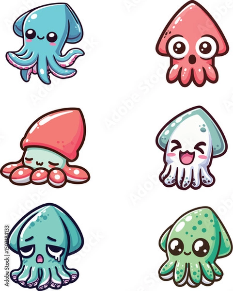 Fototapeta set collection kawaii expressive squid vector 