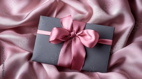 Fototapeta Elegant gift box with pink ribbon on soft satin fabric background