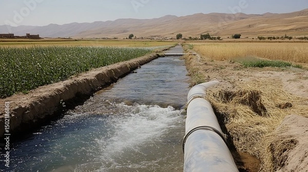 Fototapeta Idyllic Oasis, A Canal's Life-Giving Flow Amidst Fields and Mountains