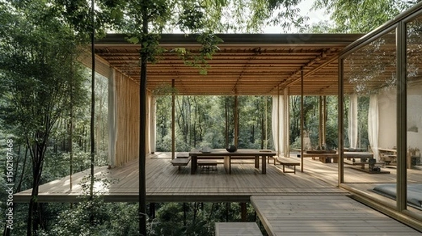 Fototapeta Architectural Harmony, A Modern Structure Nestled in a Tranquil Forest