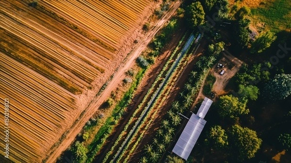 Fototapeta Aerial View of a Farm with Rows of Crops and Trees at Golden Hour
