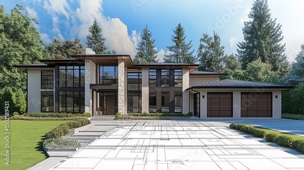 Obraz Sophisticated modern house design with landscaping and architectural plans
