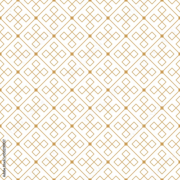 Fototapeta Seamless geometric pattern featuring interconnected diamond and cross-like shapes in golden-brown lines on a white background. Modern, oriental style repeat backdrop.