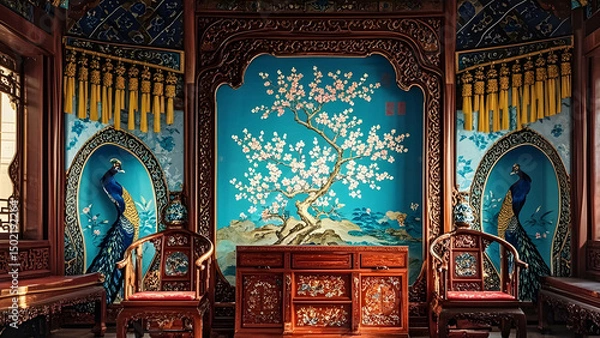 Obraz Traditional Chinese opera stage set with ornate redwood chairs, reflecting the elegant and solemn ambiance of classical theater
