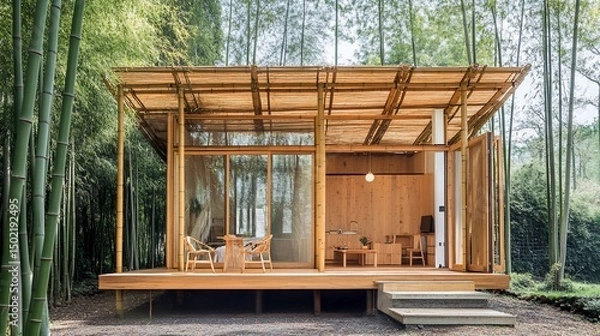 Fototapeta Eco-Friendly Bamboo House in Tranquil Forest Setting Showcasing Sustainable Design and Harmonious Integration with Nature