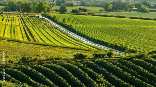 Fototapeta Aerial view of vast green agricultural fields with varying crops