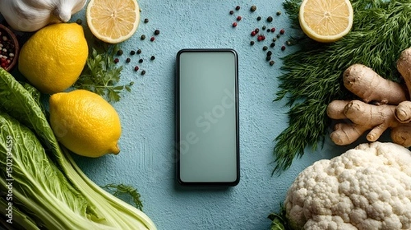 Fototapeta A smartphone with blank screen is surrounded by fresh vegetables, herbs, and citrus fruits on a blue background perfect for healthy eating apps.