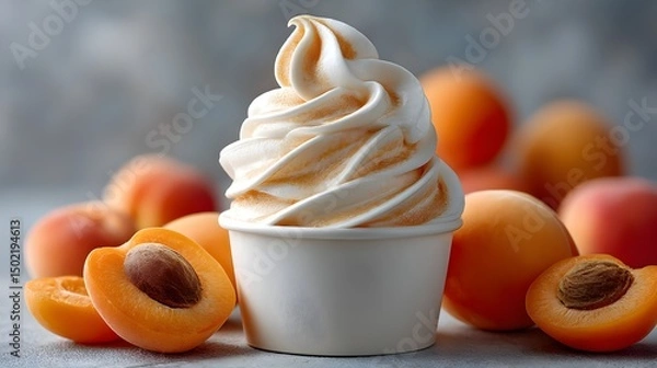 Fototapeta Creamy apricot soft serve ice cream in a white cup surrounded by fresh ripe apricots ready to eat.