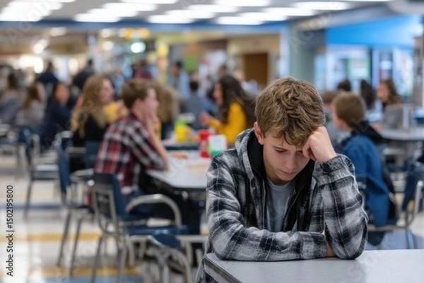 Fototapeta Young male student in a plaid shirt sitting alone at a cafeteria table, looking contemplative and distressed, surrounded by a busy school lunch environment filled with peers