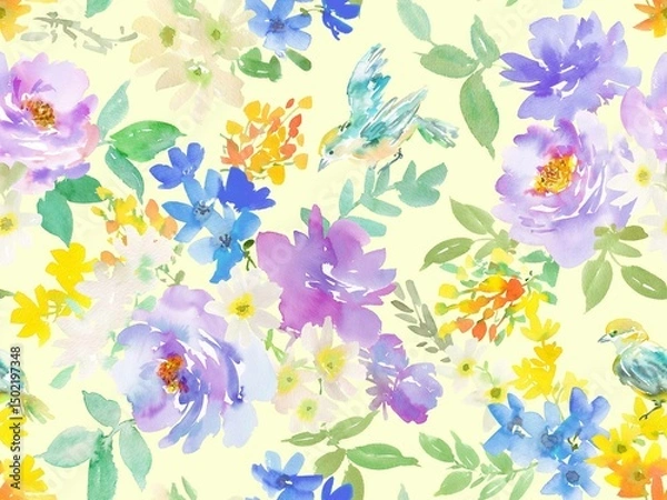 Obraz Seamless pattern of abstract purple peonies, birds and wild flowers painted in watercolor. Floral wallpaper pattern in watercolor. Hand painted botanical pattern for wedding invitations