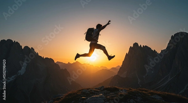 Fototapeta Silhouette of a man jumping on a mountain peak with a backpack at sunset against a bright sky