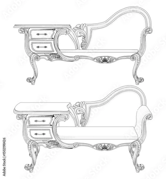 Fototapeta Antique Sofa With Two Drawers And Table Vector. Illustration Of Sofa Bed Isolated On White Background.
