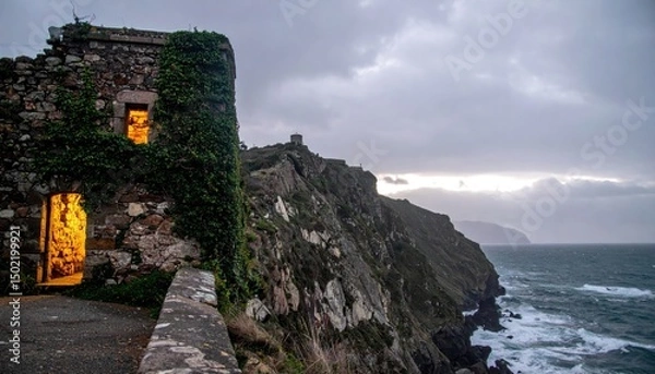 Fototapeta Coastline view, light pouring from rustic stone building, overcast sky