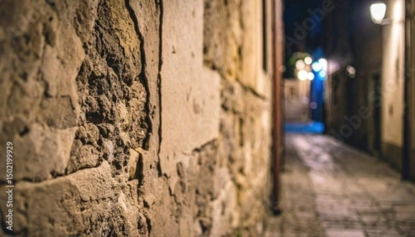 Fototapeta Textured stone wall overlooks narrow, illuminated, cobblestone alley at night