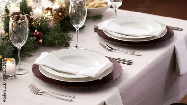 Fototapeta Elegant and beautifully set table with pristine tableware, ready for a special occasion or festive meal. The arrangement includes plates, silverware, and glassware, adorned with a festive touch