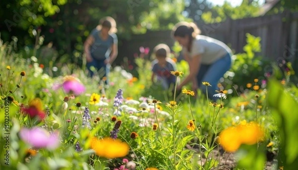 Fototapeta Wildflower garden with family tending. Sunlit, blurred background, vibrant colors