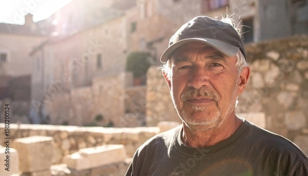 Fototapeta Older man with weathered face wears a cap, standing in sunlit stone courtyard