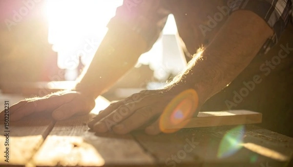 Fototapeta Sunlit woodworker's hands on wood, creating art in warm, natural light