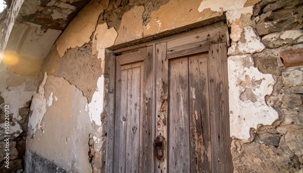 Fototapeta Weathered wooden door in crumbling plaster and stone wall