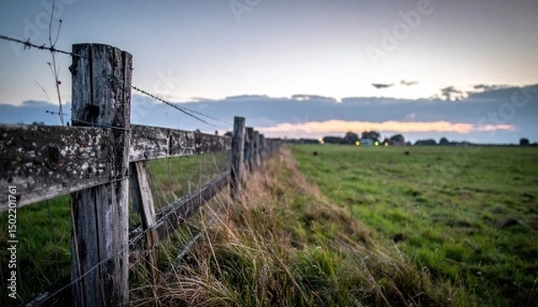 Fototapeta Rustic fence line stretches into the distance across a grassy field under a twilight sky