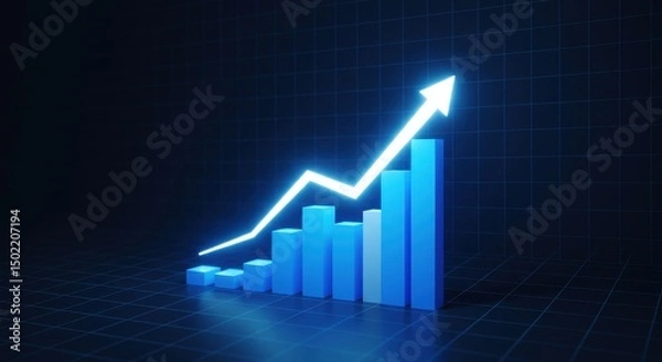 Fototapeta Glowing blue 3D business growth chart with arrow showing financial success and data increase.
