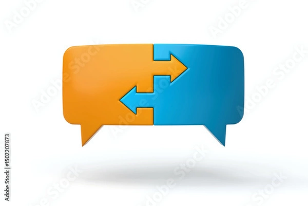 Obraz Speech bubbles puzzle with arrows inside, symbolizing two way communication, decision making, and business cooperation in minimal style, 3d rendering
