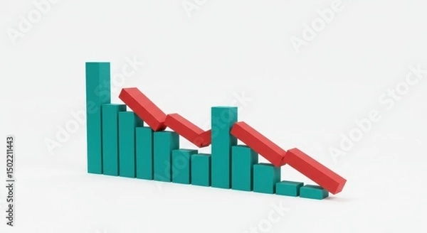 Fototapeta Falling Bar Graph, Decreasing Sales Chart, 3D Render of Business Decline:  Financial Crisis, Economic Recession Illustration