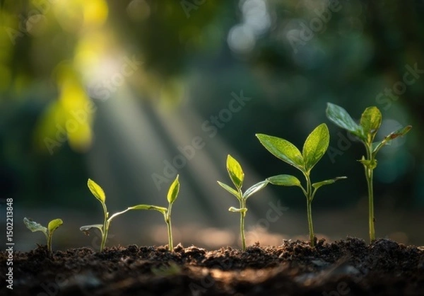Obraz Five seedlings in various growth stages emerge from dark soil, backlit by bright sunlight filtering through lush greenery