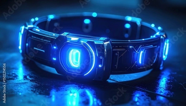 Fototapeta Illuminated futuristic wristband on a dark surface