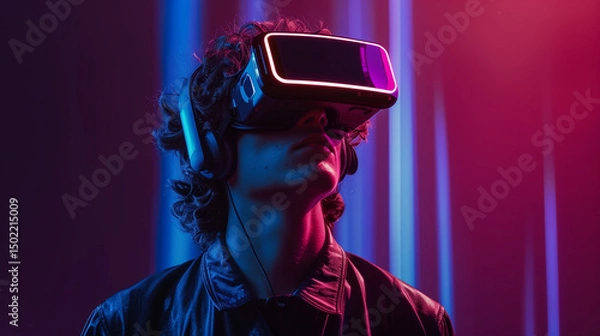 Fototapeta Futuristic technology experience with vr headset in neon lighting ? concept of immersion and innovation