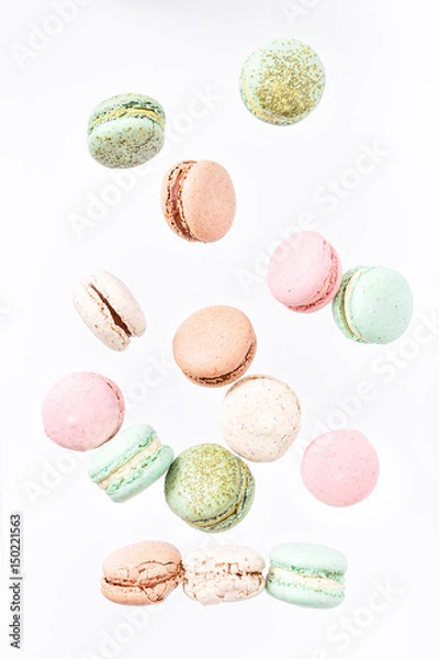 Obraz Macarons cake, top view flat lay, fly falling pattern macaroon
