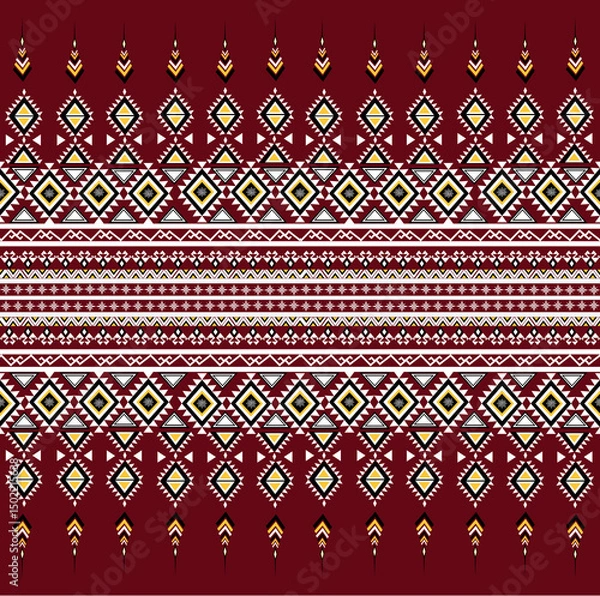 Fototapeta Traditional tribal textile pattern with geometric shapes in red, white, black, and yellow tones. Inspired by ethnic and indigenous designs from Southeast Asia.