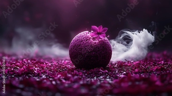 Fototapeta Loss Represented By a Sphere Shattering Into Bloom As White Smoke Flows Into a Dark Violet Night