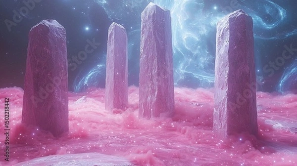 Fototapeta Marble Textured Monoliths Rise From a Pink Gas Desert Beneath Swirling Coded Stars and Glowing Blue Swirl