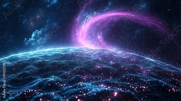 Fototapeta Network Light Encoded In Cloud Dust Forming a Violet Swirl Above a Cyberspace Planet Textured With Bloom