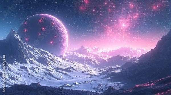 Fototapeta Pink Dust Rises From an Alien Planet Covered In Abstract Textures As the Sky Forms Digital Stars and Matrix Patterns In Glowing Blue Fantasy