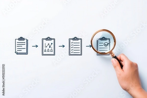 Fototapeta Line of clipboards representing a work flow, the last is being verified with a magnifying glass.