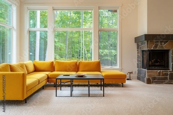 Fototapeta A bright living room is featured. The room has a large yellow sectional sofa, fireplace, and a large set of windows with a view of a forest.

