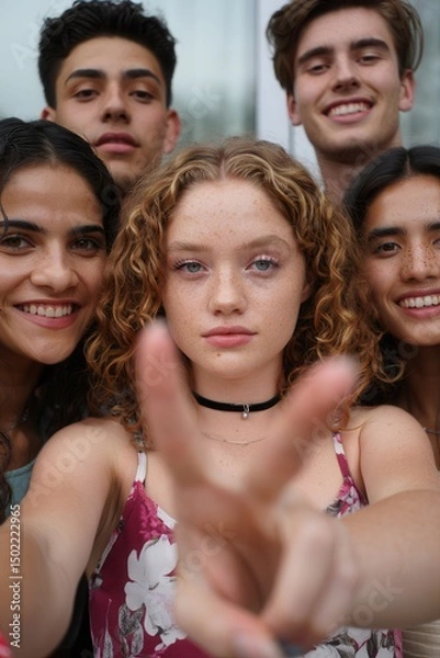 Fototapeta A group of friends pose for a selfie with a blurred peace sign.