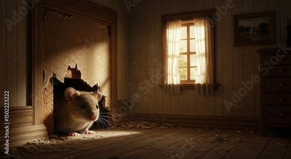Fototapeta A small mouse peeks out of a hole in the wall, searching its new home. 