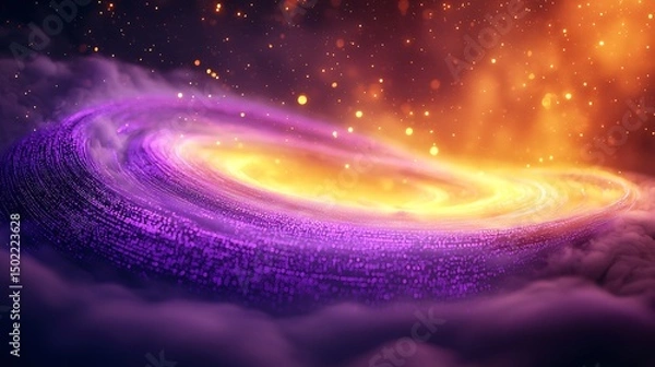 Fototapeta Smoke Rings Encoded In Data Swirl Over a Digital Galaxy As Violet Fractal Bloom and Yellow Light Transform the Atmosphere