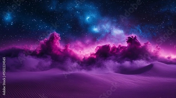 Fototapeta Star Fields Over a Purple Dune Where Smoke and Swirl Combine In Dreamlike Formation With Distant Planet Bloom