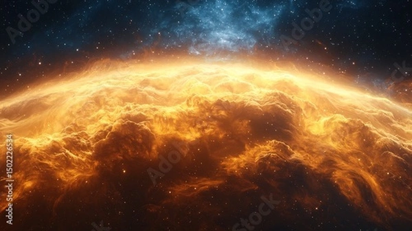 Fototapeta Surreal Storm Forms Above a Glowing Astral Surface Where Yellow Smoke Swirls Around a Planet Surrounded By Soft Dust and Star Trails
