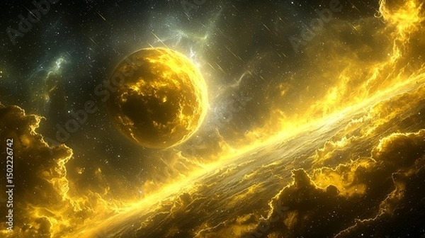 Fototapeta Surreal Storm Forms Above a Glowing Astral Surface Where Yellow Smoke Swirls Around a Planet Surrounded By Soft Dust and Star Trails