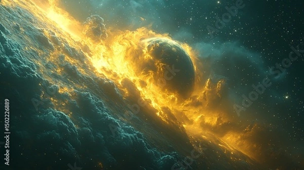 Fototapeta Surreal Storm Forms Above a Glowing Astral Surface Where Yellow Smoke Swirls Around a Planet Surrounded By Soft Dust and Star Trails