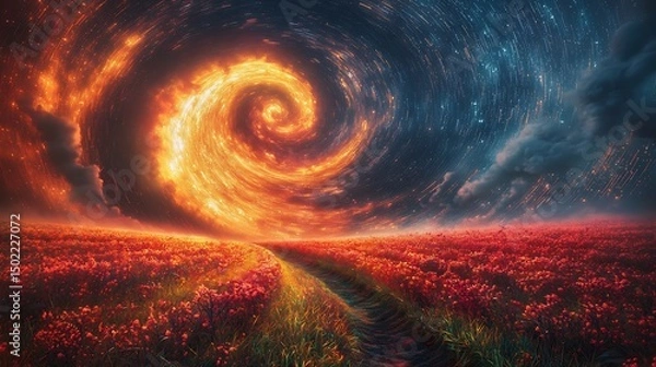 Fototapeta Swirl of Light Travels Across a Textured Horizon As Bloom Smoke Trails Rise Through Coded Stars and Cyber Sky Patterns