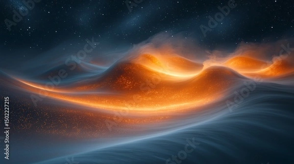 Fototapeta Swirl of Light Travels Across a Textured Horizon As Bloom Smoke Trails Rise Through Coded Stars and Cyber Sky Patterns